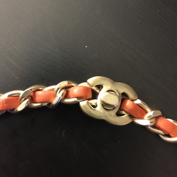 Coral leather light gold Chanel chain necklace