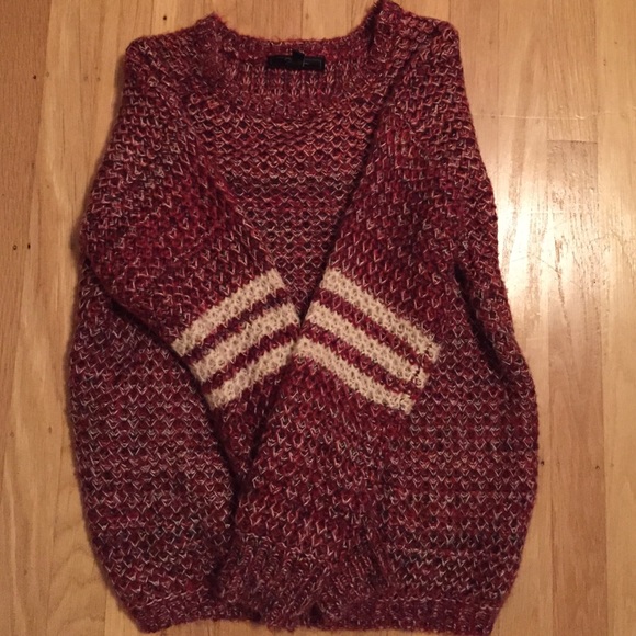 Fluffy red  sweater w/ varsity stripes