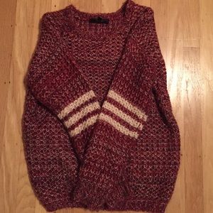 Fluffy red  sweater w/ varsity stripes
