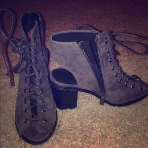 Adorable lace up suede grey bootie peep toe heels