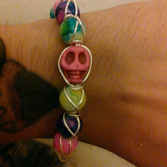 Candy skull silver wire wrap bracelet