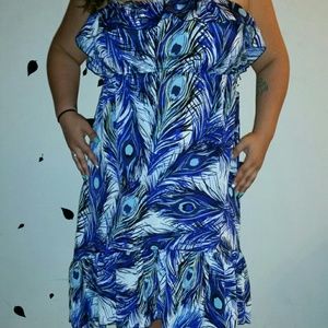 Strapless ruffled high-low peacock dress
