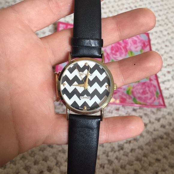 NEW black leather and chevron watch