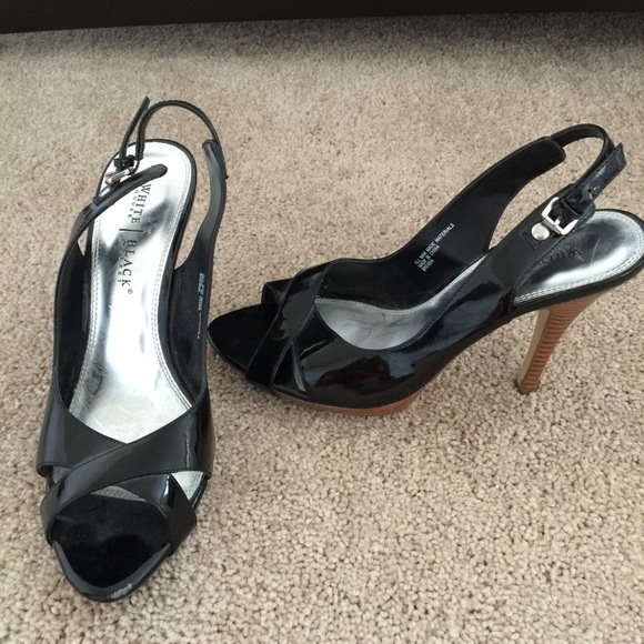 WHBM shiny black sling back heels.