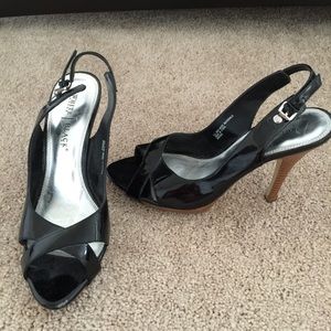 WHBM shiny black sling back heels.