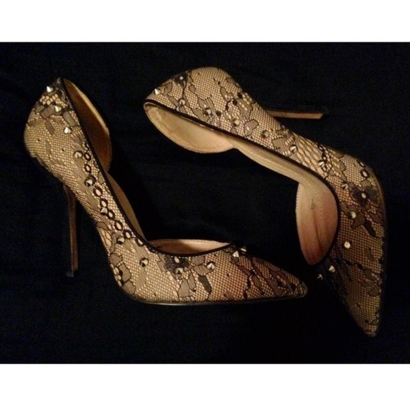 Zara Trafaluc Studded Nude Lace Stiletto Heels!