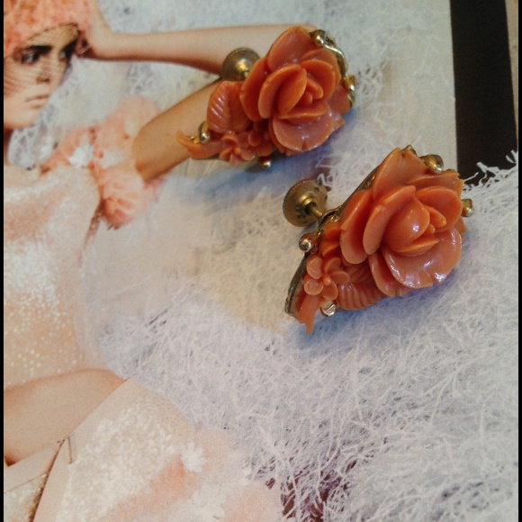 Vintage Jewelry - Vintage celluloid rose earrings