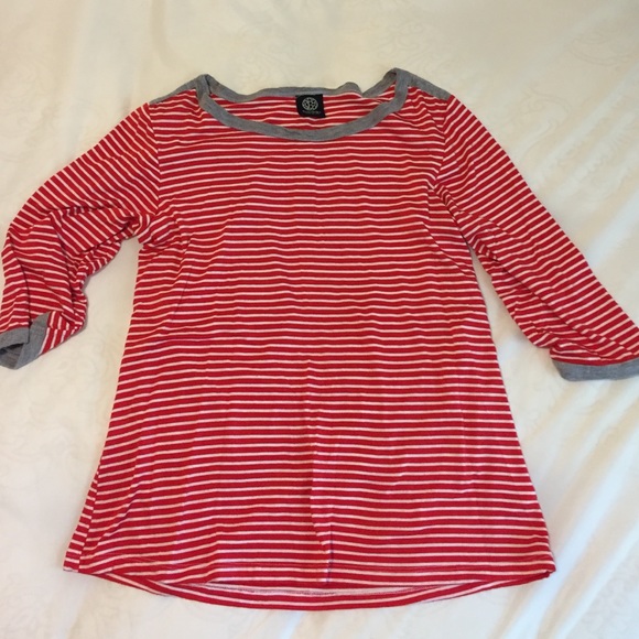 Red white and grey striped top