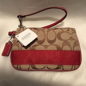 Coach Signature Stripe  SV/Khaki/Red wristlet