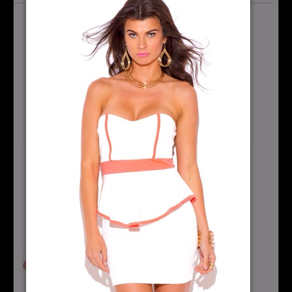 Dresses & Skirts - Coral Trim White Sweetheart Ruffle Peplum Dress