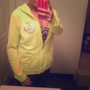 Long sleeve, zip up hoodie.