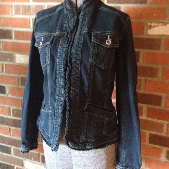 Denim jacket ruffled mandarin collar Chico's