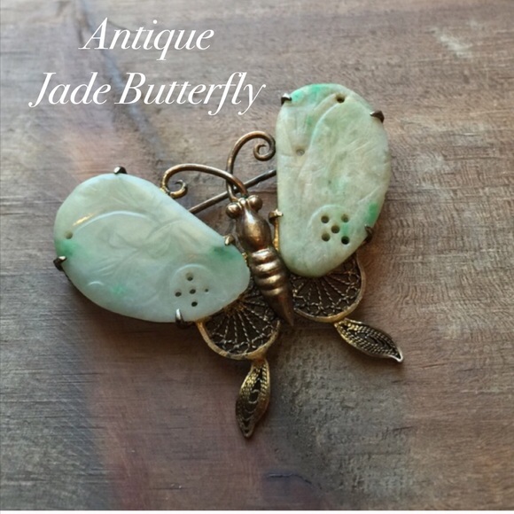 Antique Chinese Carved Jade & Silver Butterfly pin