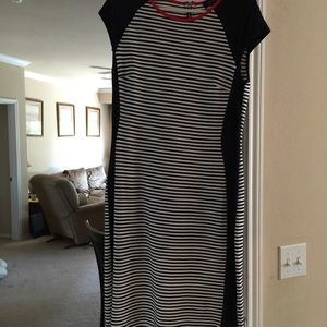 Blue and white stripe dress with red collar