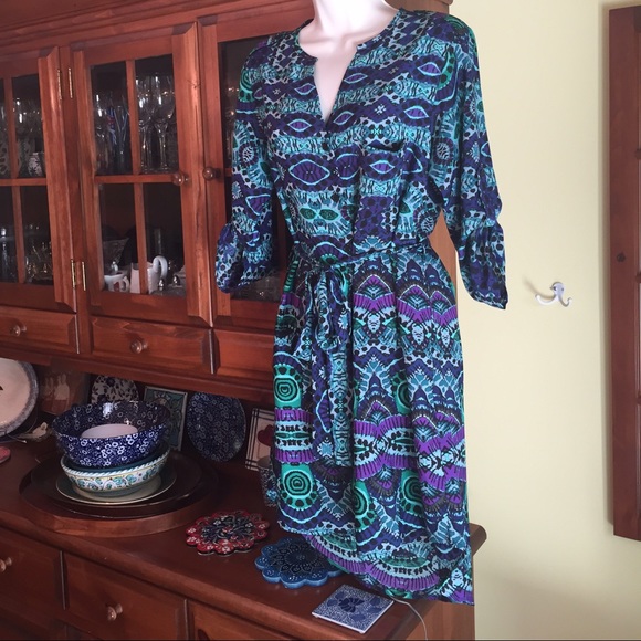 Ikat print shirt dress blue green violet size S
