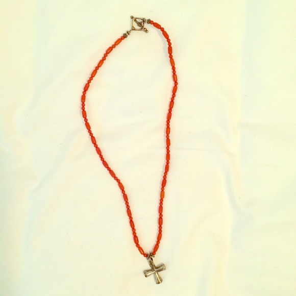 Coral Beaded Necklace with Silver Cross