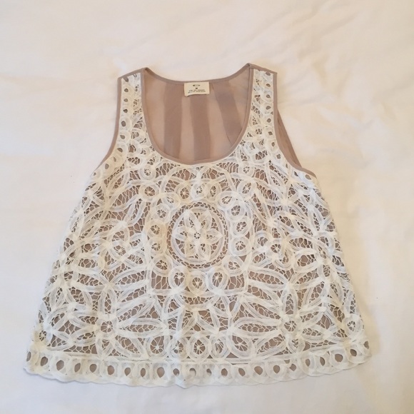 White and tan lace neutral top