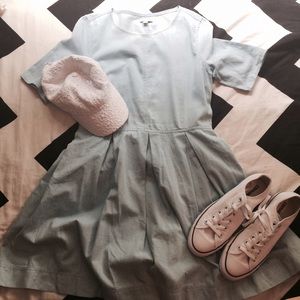 Chambray denim short sleeve fit n flare dress