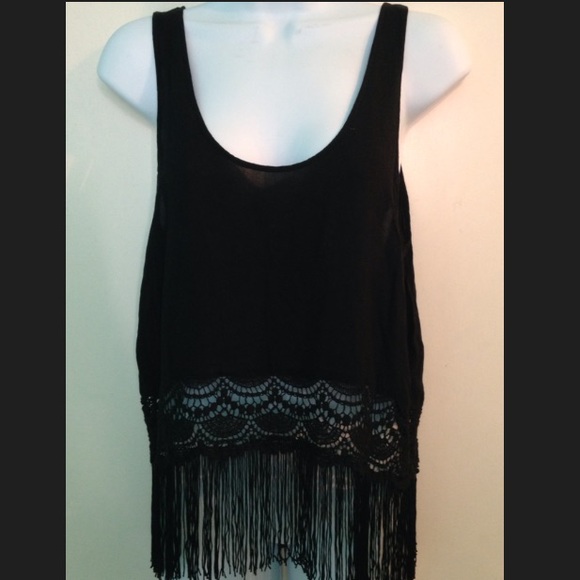 Black sheer tank top with fringe bottom