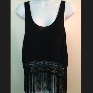 Black sheer tank top with fringe bottom