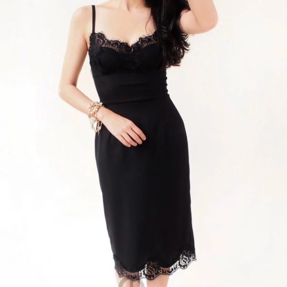 Black silky slip dress.