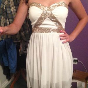 White high low dress with gold sequins