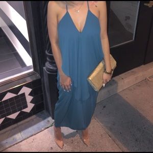 Long drape back dress in blue