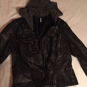 Leather jacket with detachable hood