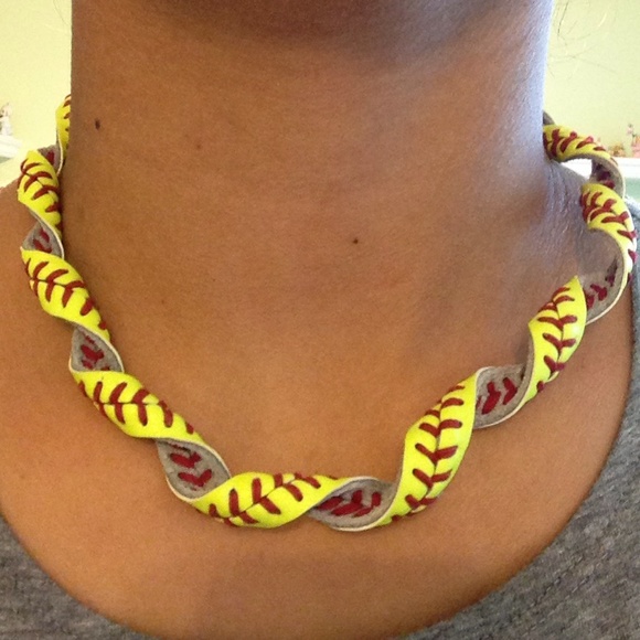 A necklace made from the lacing on a softball