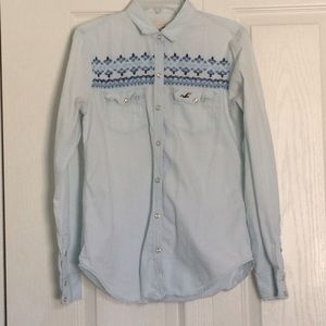 Blue Embroidered Hollister Button Up Shirt