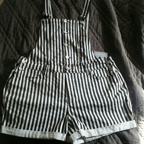black and white striped overall shorts