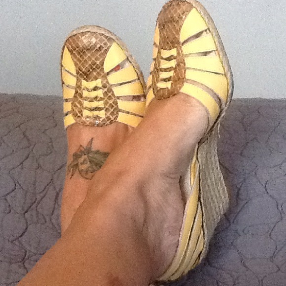 Salvatore Ferragamo Shoes - Salvatore Ferragamo Yellow and Snake Skin Wedges