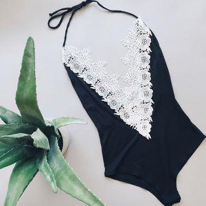 NWT black and white lace cotton bodysuit Medium