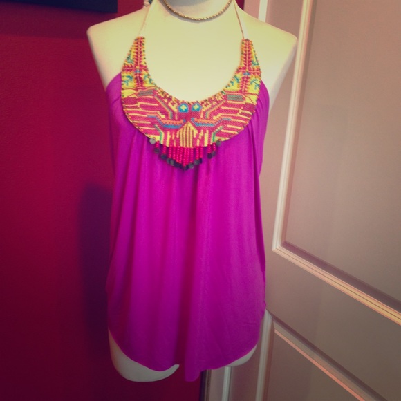 Aztec embroidered halter in slinky knit w shelfbra