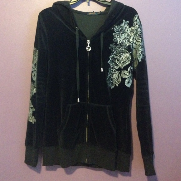 Black velour hoodie with metallic silver design