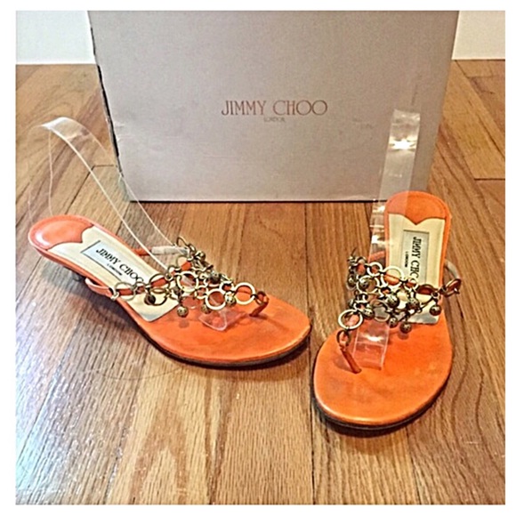 Jimmy Choo Orange Kitten Heel Embellished  Sandals - Picture 2 of 6
