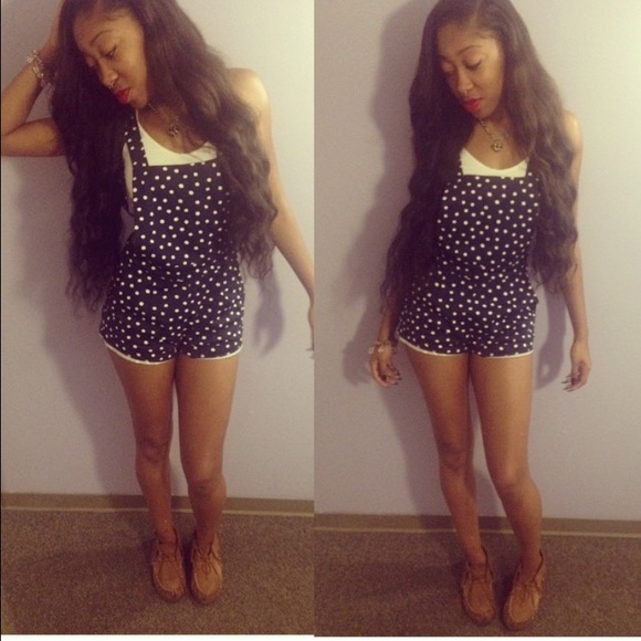 Navy blue and white polka dot shorts overalls