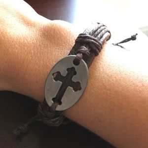Men's Handmade Hemp Leather Wrap Cross Bracelet