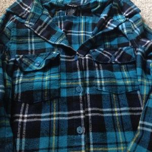 blue, black, white, yellow flannel