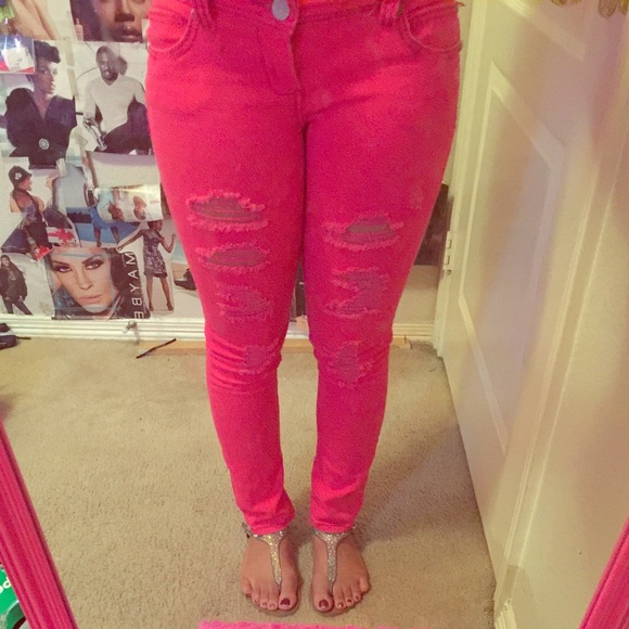 Hot Pink Destroyed Jeans