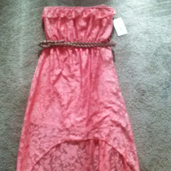Never worn coral lace strapless high low dress