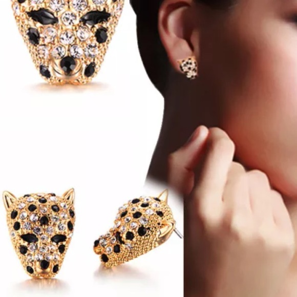 🔆Rhinestones leopard crystals lion head earrings. - Picture 2 of 4