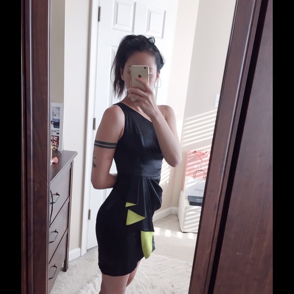 Bebe black and lime green satin cocktail dress