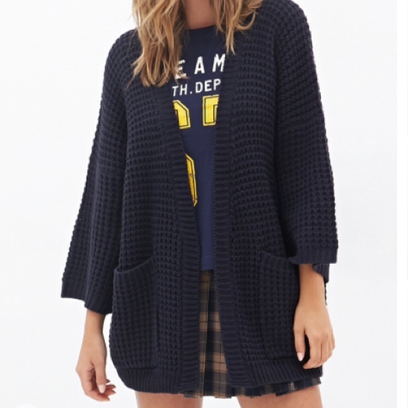 Navy Waffle Knit 3/4 Sleeve Cardigan