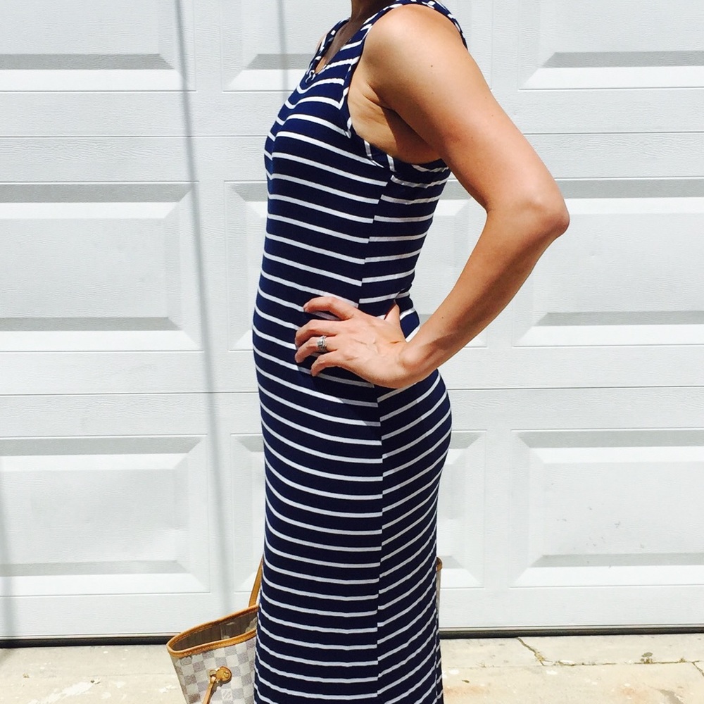 🎁New Navy Blue Striped Jersey Summer Midi Dress - Picture 4 of 8