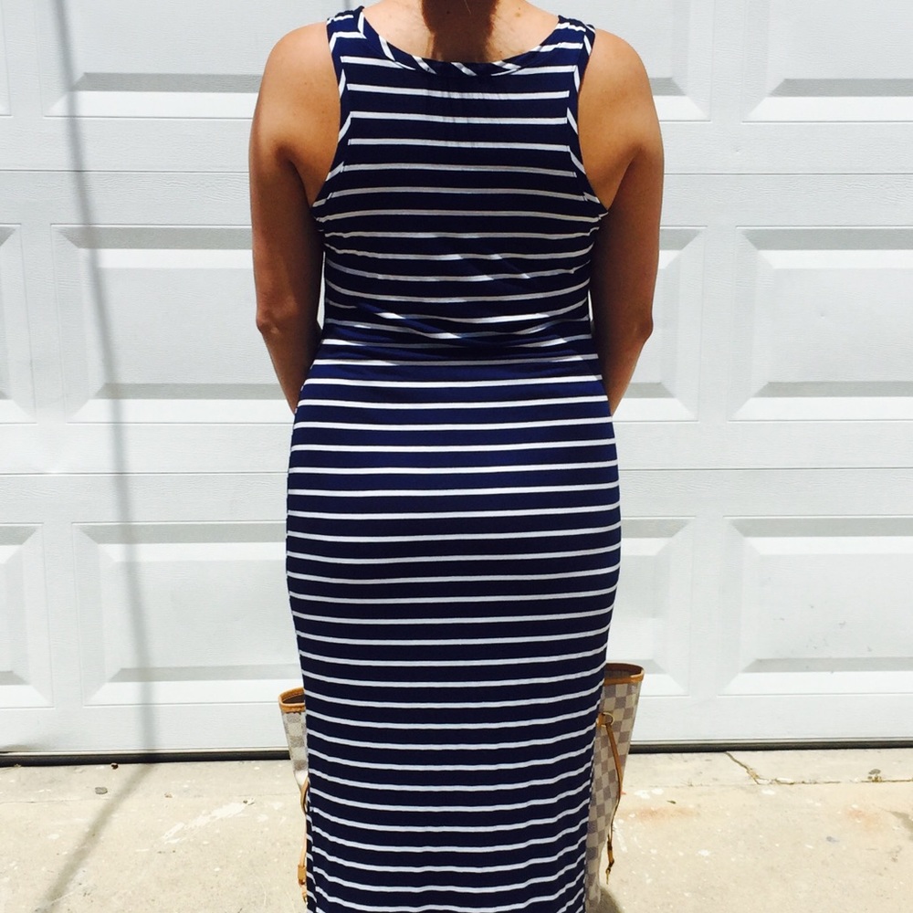 🎁New Navy Blue Striped Jersey Summer Midi Dress - Picture 6 of 8