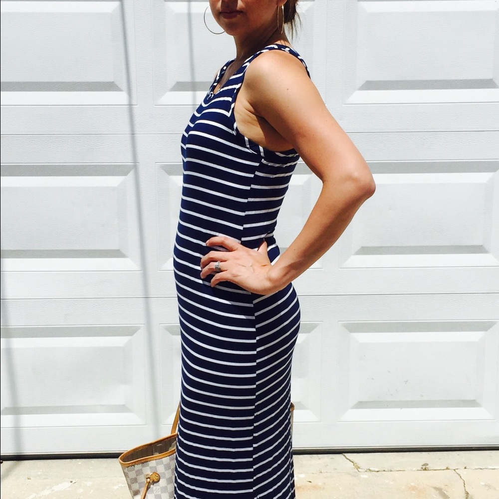 🎁New Navy Blue Striped Jersey Summer Midi Dress - Picture 7 of 8