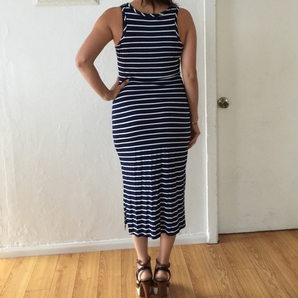 🎁New Navy Blue Striped Jersey Summer Midi Dress - Picture 5 of 8
