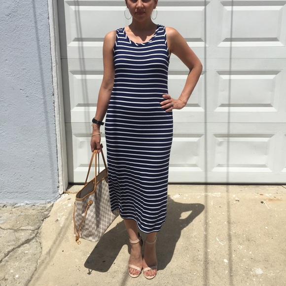 🎁New Navy Blue Striped Jersey Summer Midi Dress - Picture 2 of 8