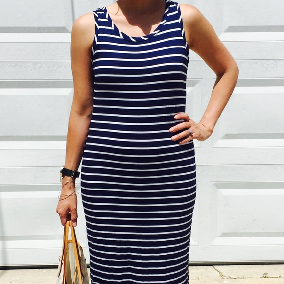 🎁New Navy Blue Striped Jersey Summer Midi Dress - Picture 3 of 8